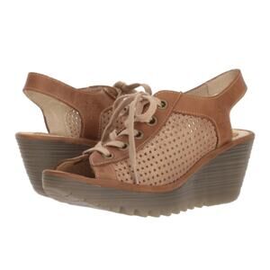 Fly London Yeki Slingback Wedge Platform Sandals Metallic Gold Tan Lace Up 38